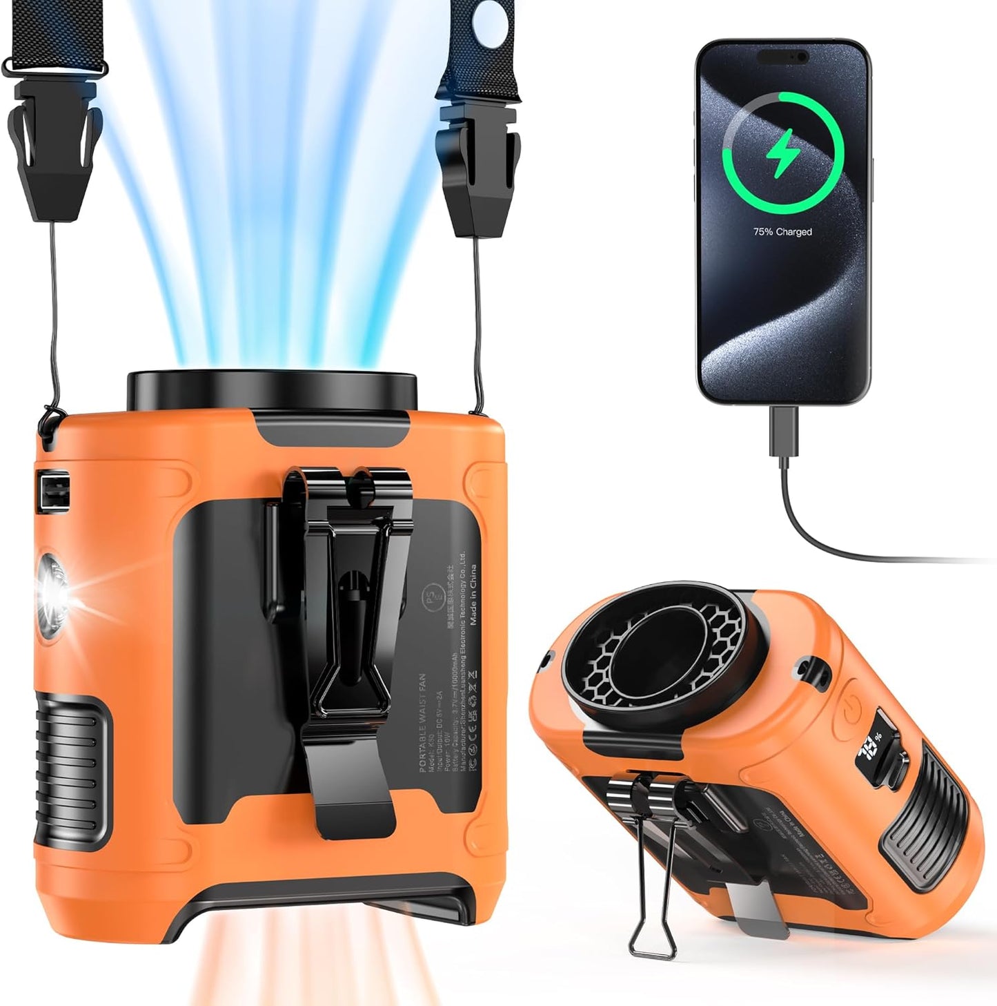 10000mAh Portable Wearable Fan [With 5 Speeds, Power Bank & LED Flashlight]
