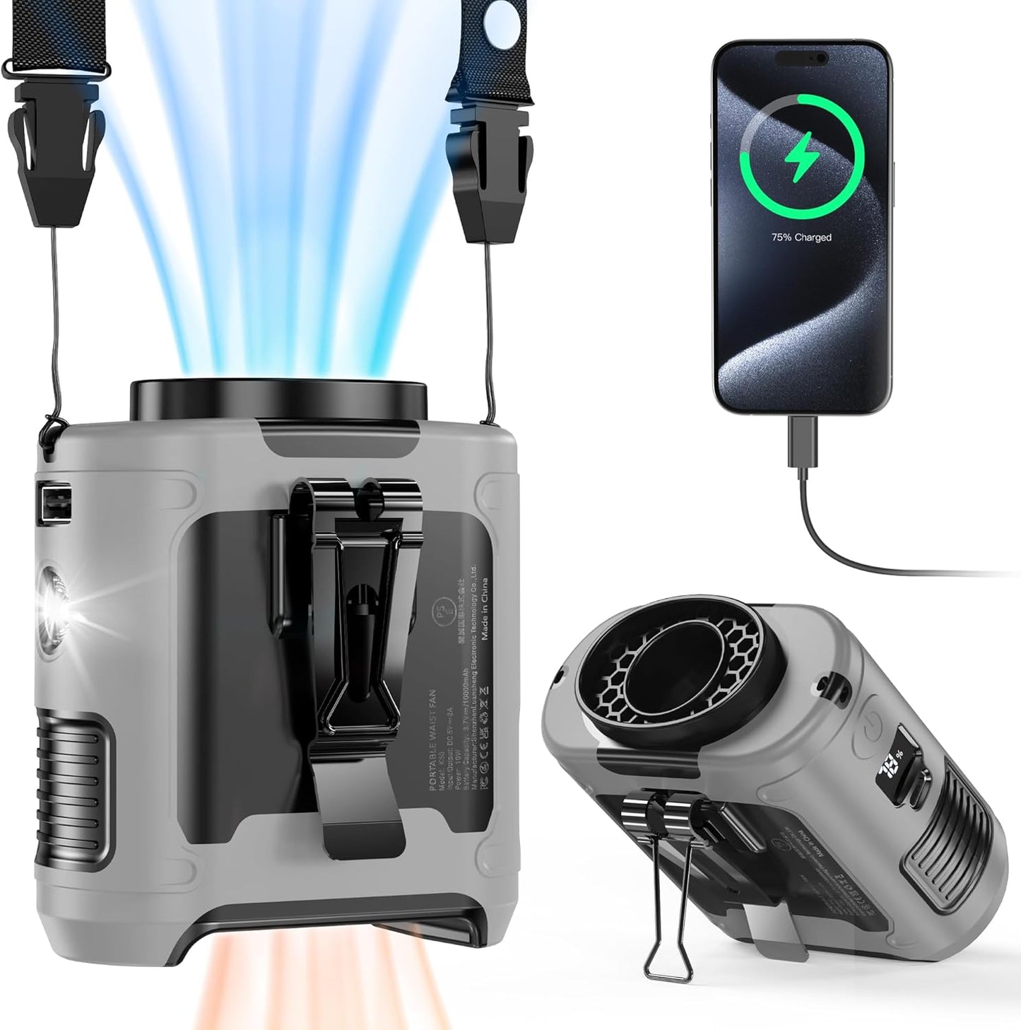 10000mAh Portable Wearable Fan [With 5 Speeds, Power Bank & LED Flashlight]
